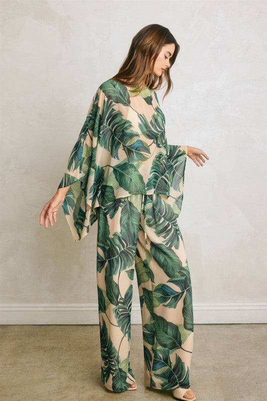 Waitlist 7/4 • Corvina High Waist Wide Leg Tropical Print Pants Green