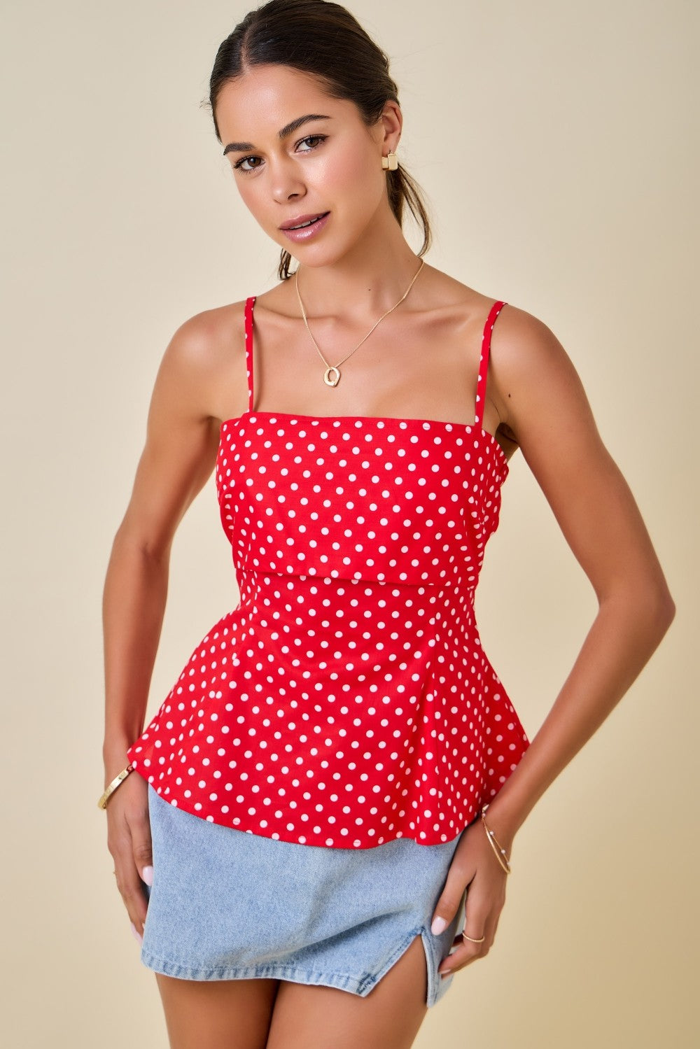 Lilliana Sleeveless Polka Dot Print Peplum Top Blue Red