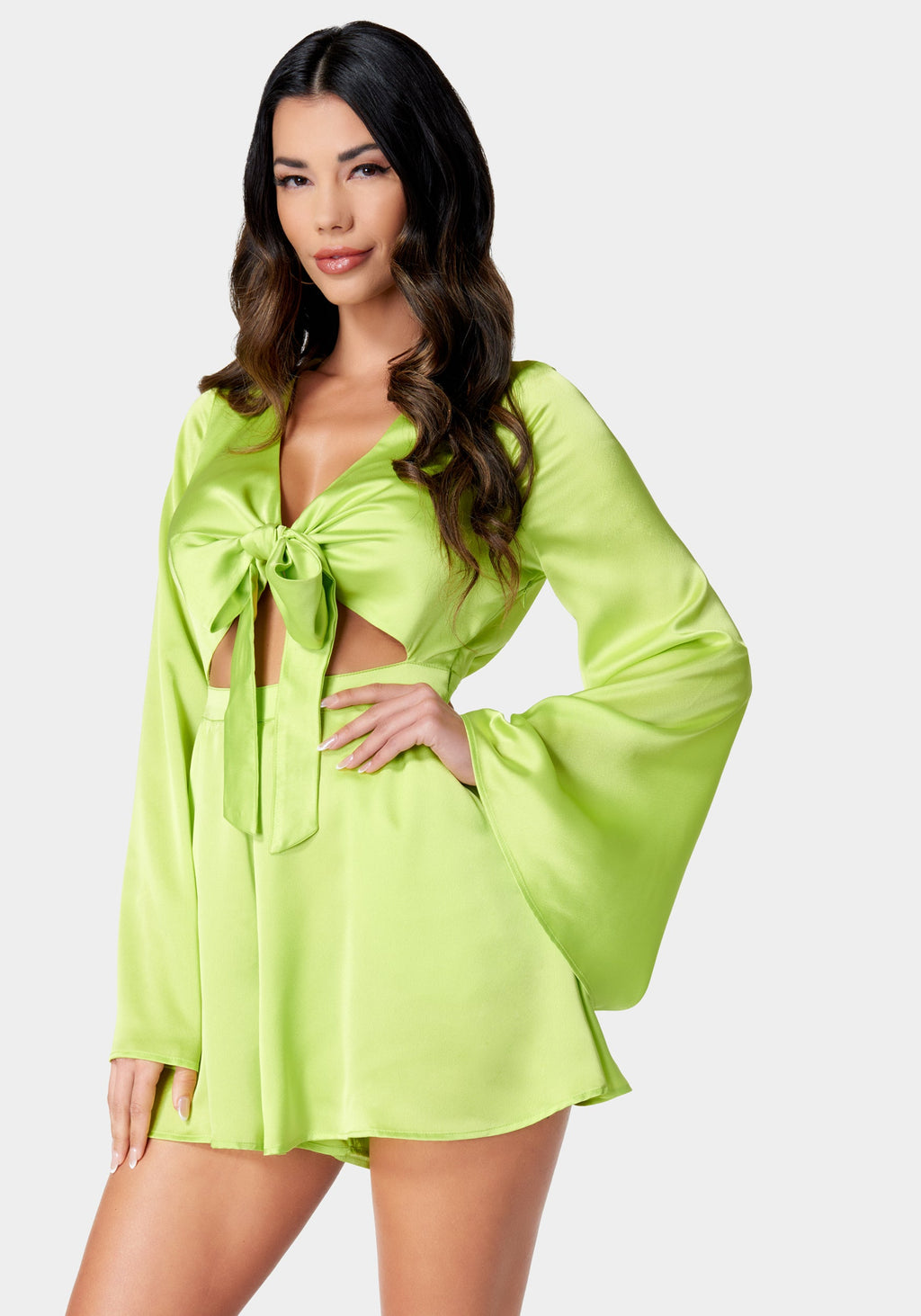 Satin Chiffon Bell Sleeve Tie Front Romper
