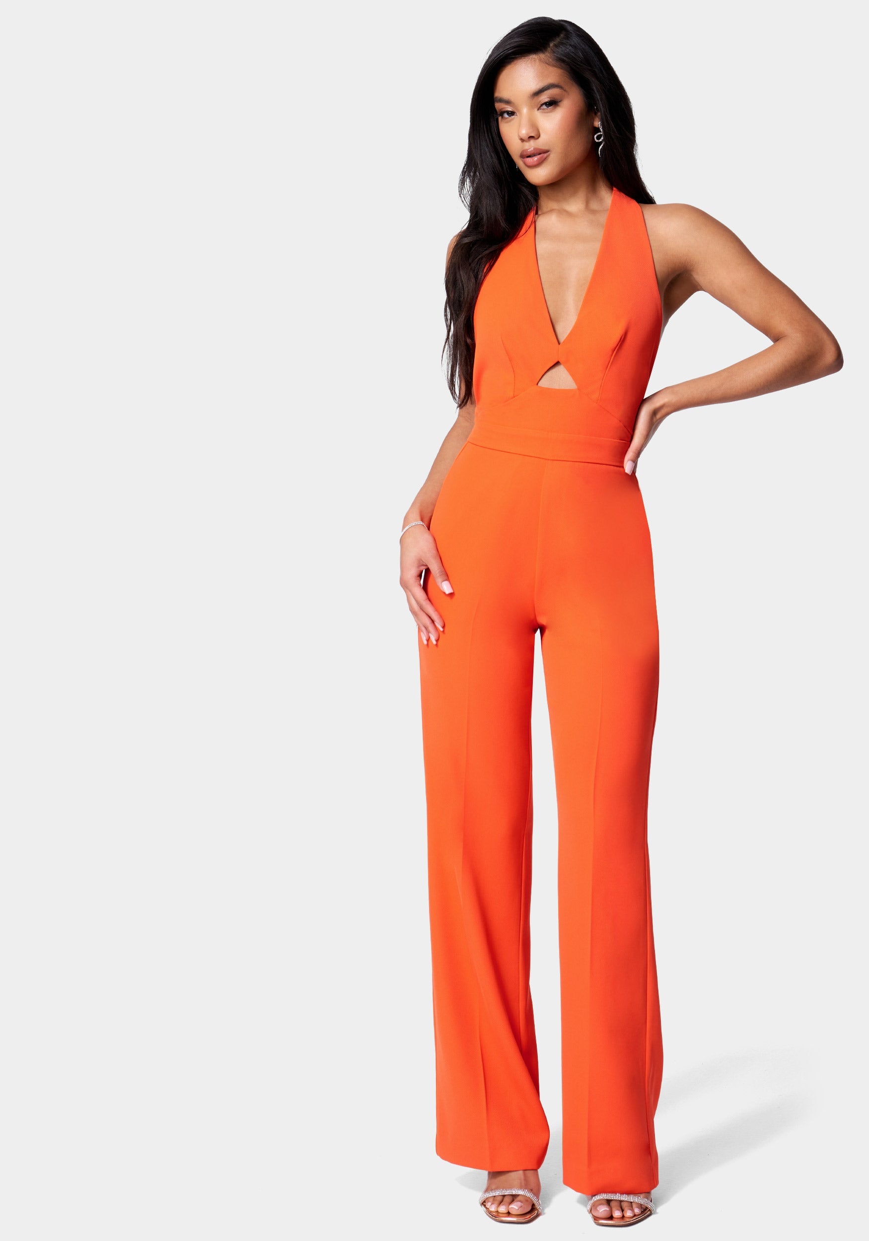 Satin Twill Halter Tie Back Wide Leg Jumpsuit