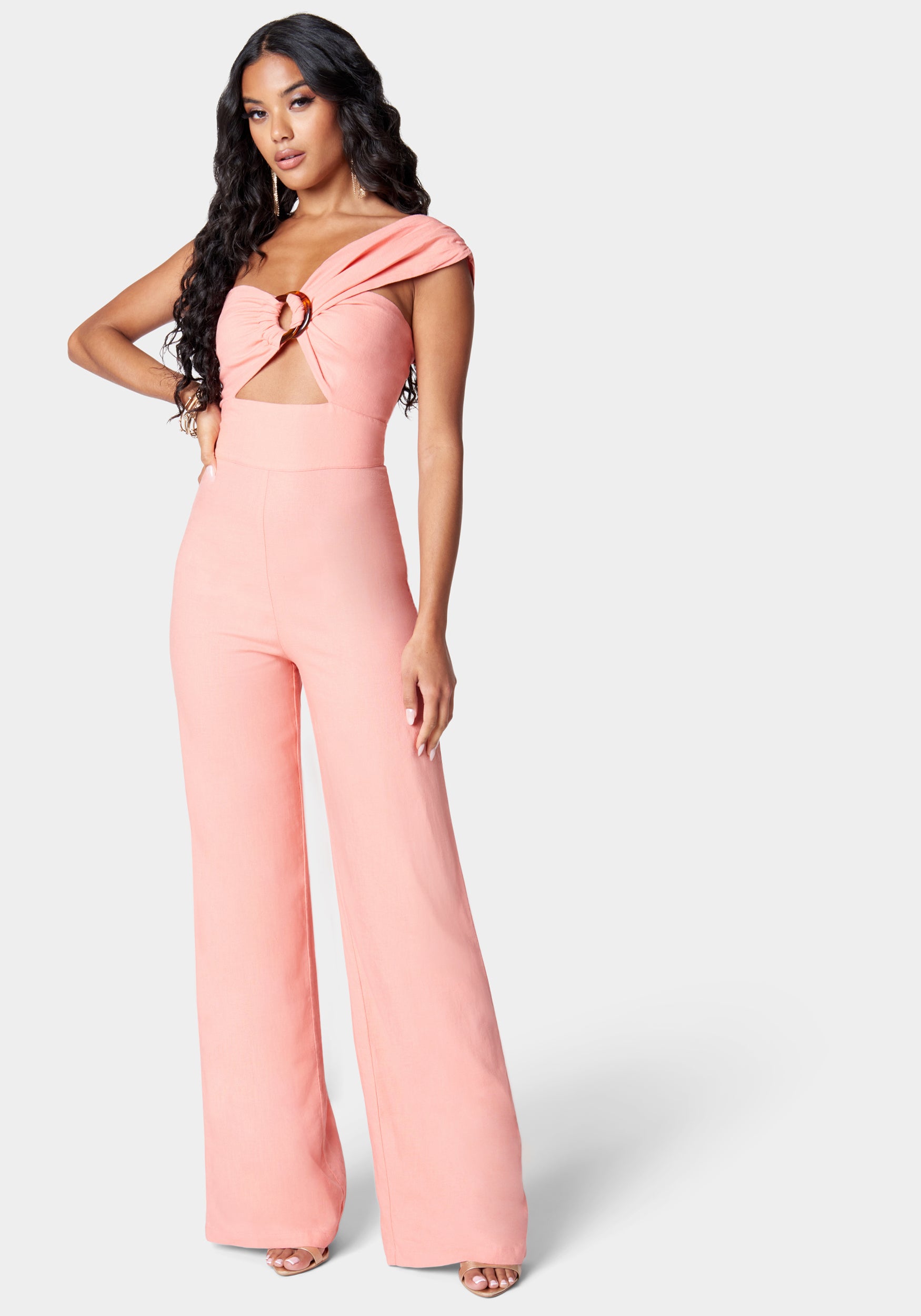 Stretch Linen Asymmetric Draped Wide Leg Jumpsuit