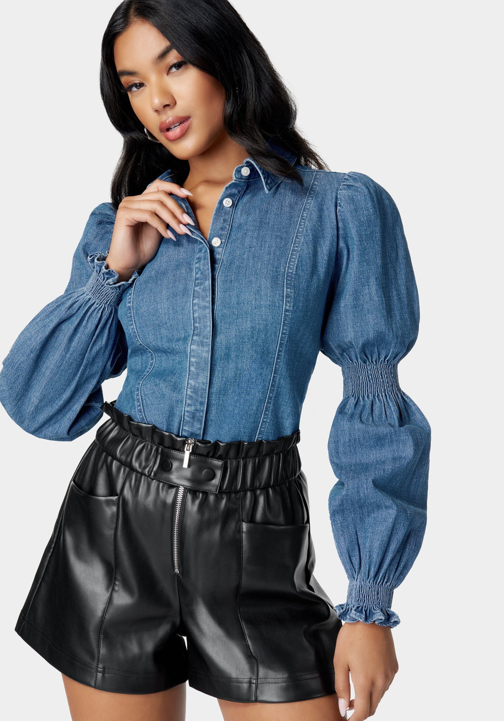 Long Sleeve Smocking Detail Denim Blouse