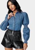 Long Sleeve Smocking Detail Denim Blouse