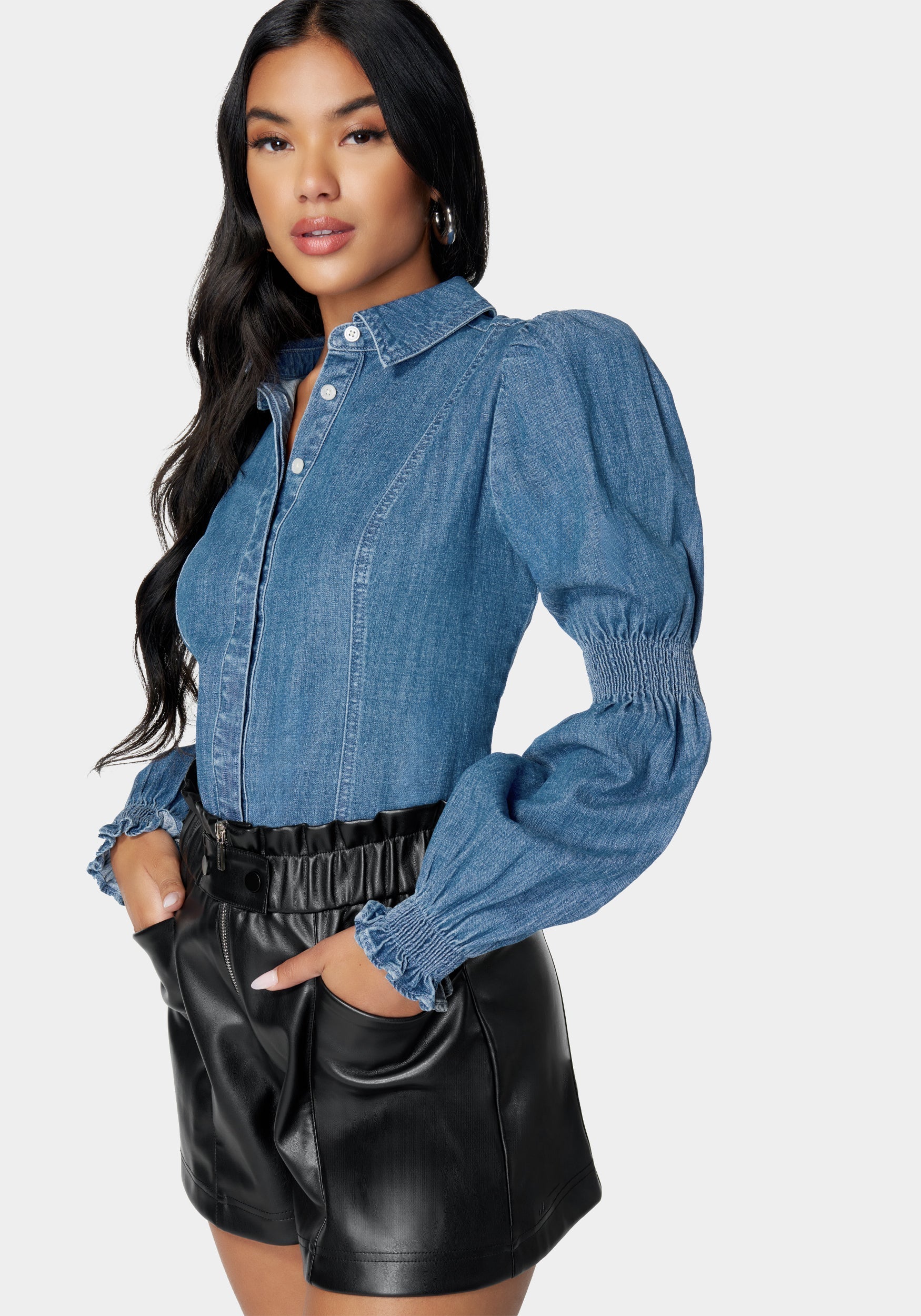 Long Sleeve Smocking Detail Denim Blouse