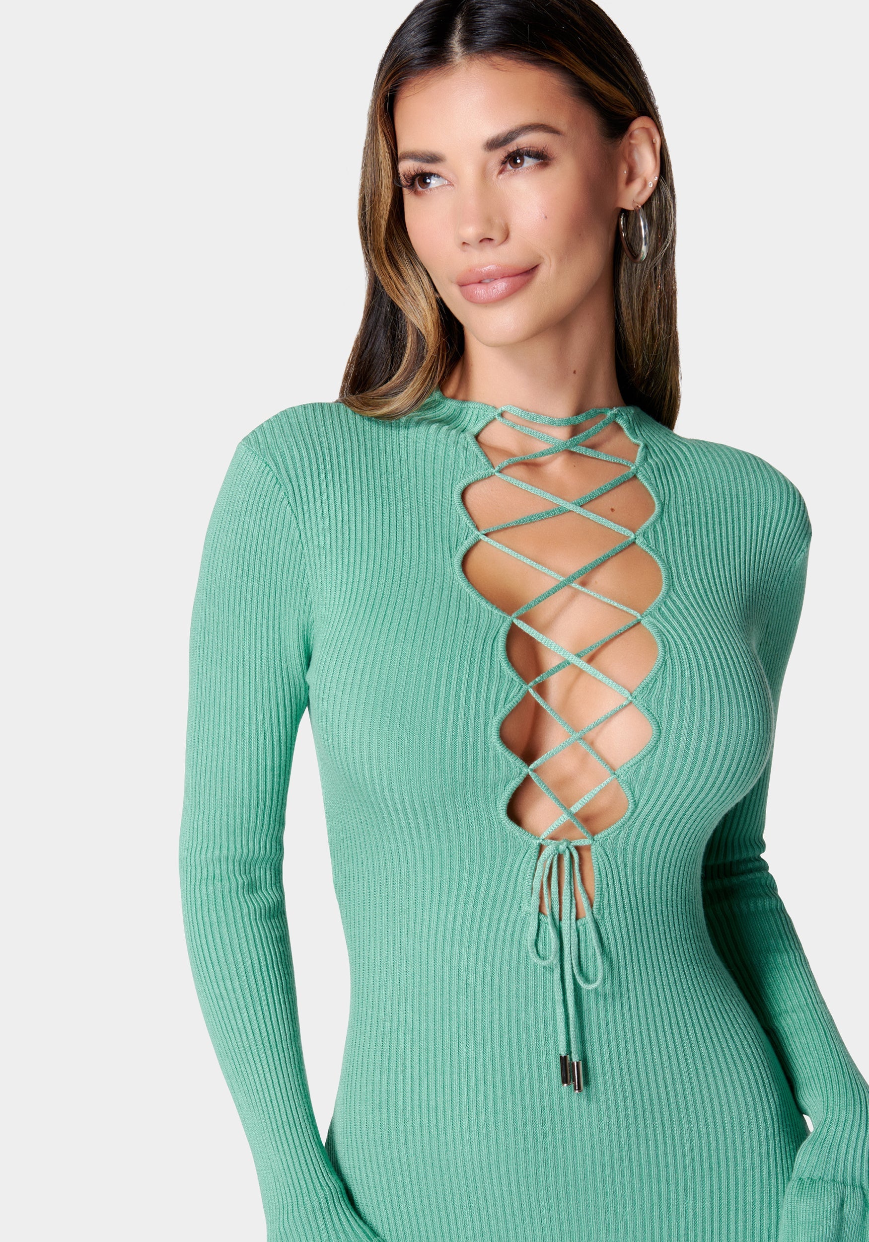 Lace-Up Front Rib Knit Mini Dress