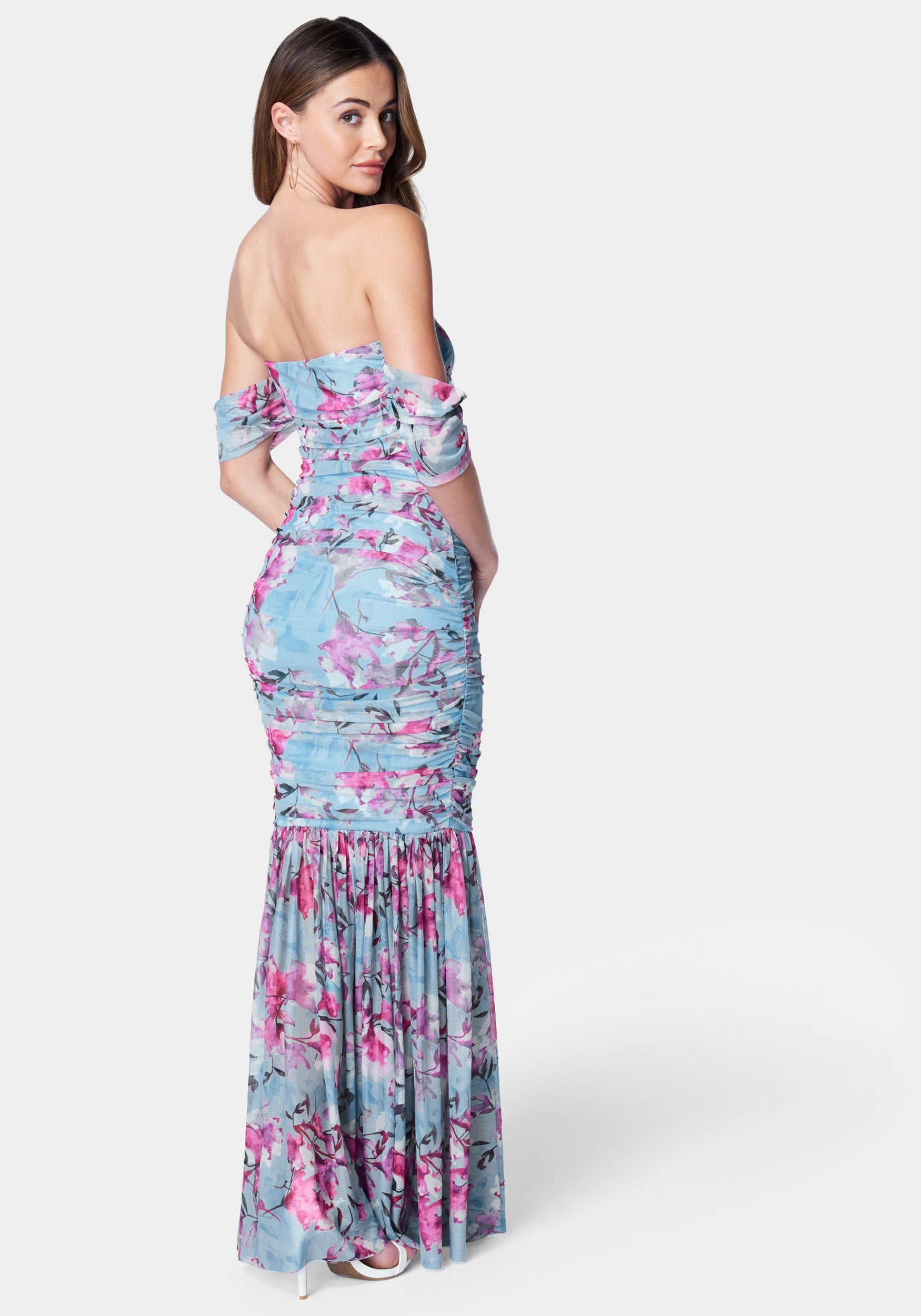 Off Shoulder Ruched Mesh Gown