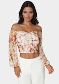 Printed Chiffon Cold Shoulder Ruched Top