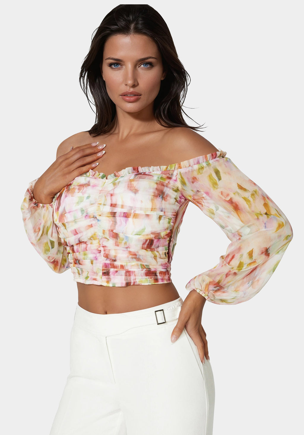 Printed Chiffon Cold Shoulder Ruched Top