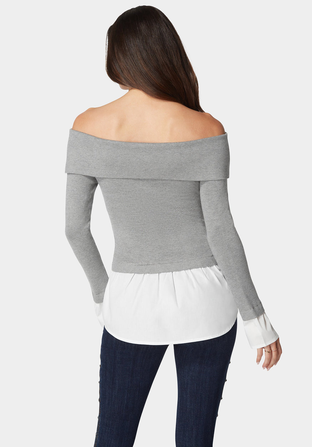 Poplin Combo Fold Over Off Shoulder Sweater Top