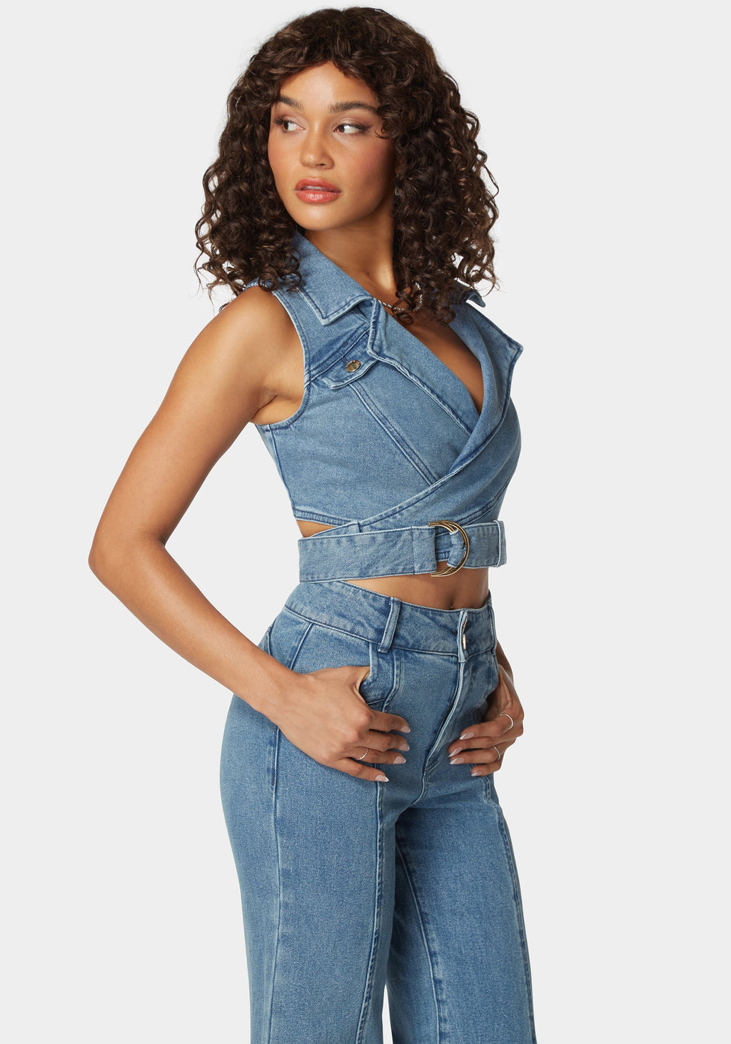D Ring Belt Denim Wrap Top