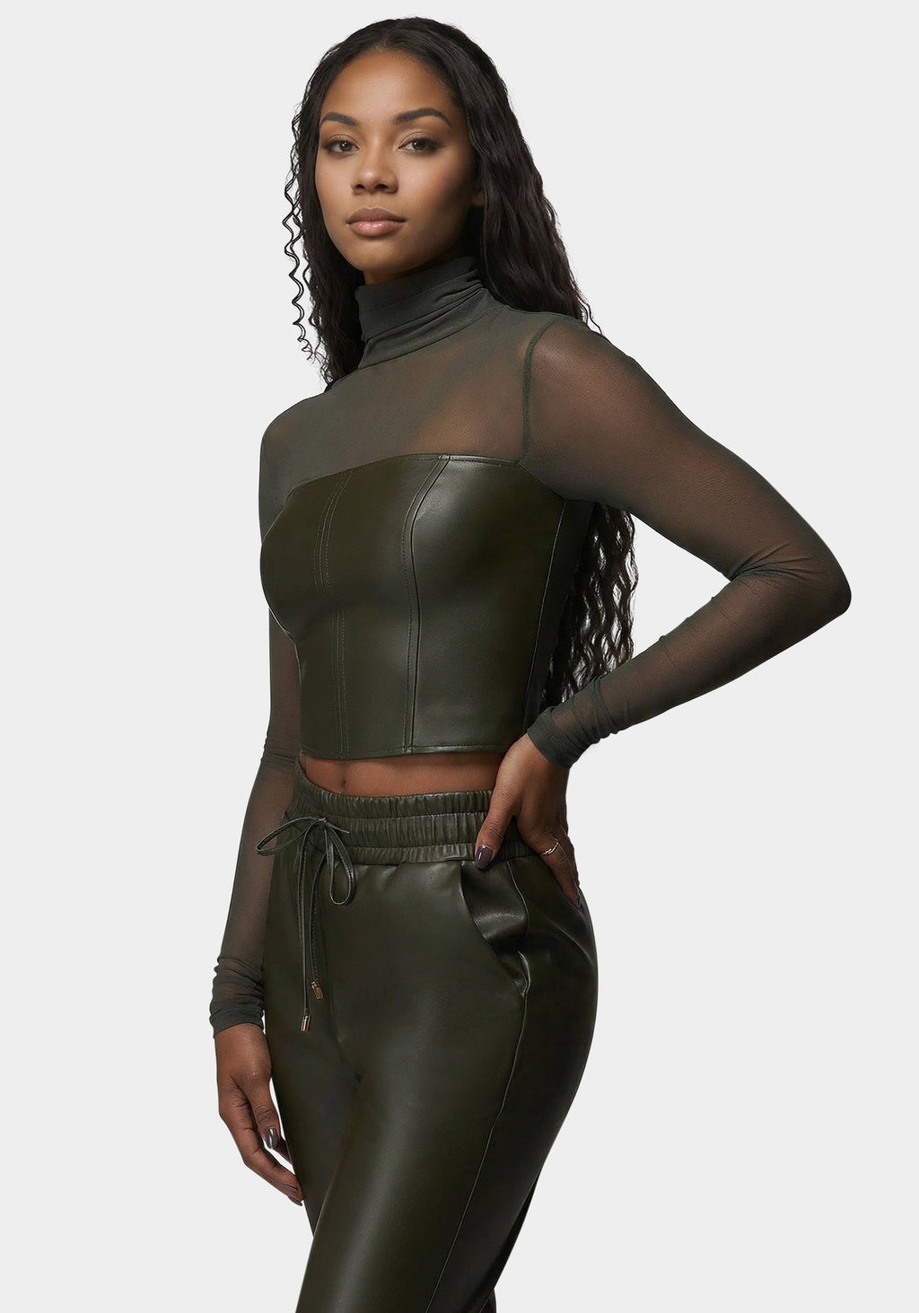 Mock Neck Mesh Combo Vegan Leather Top