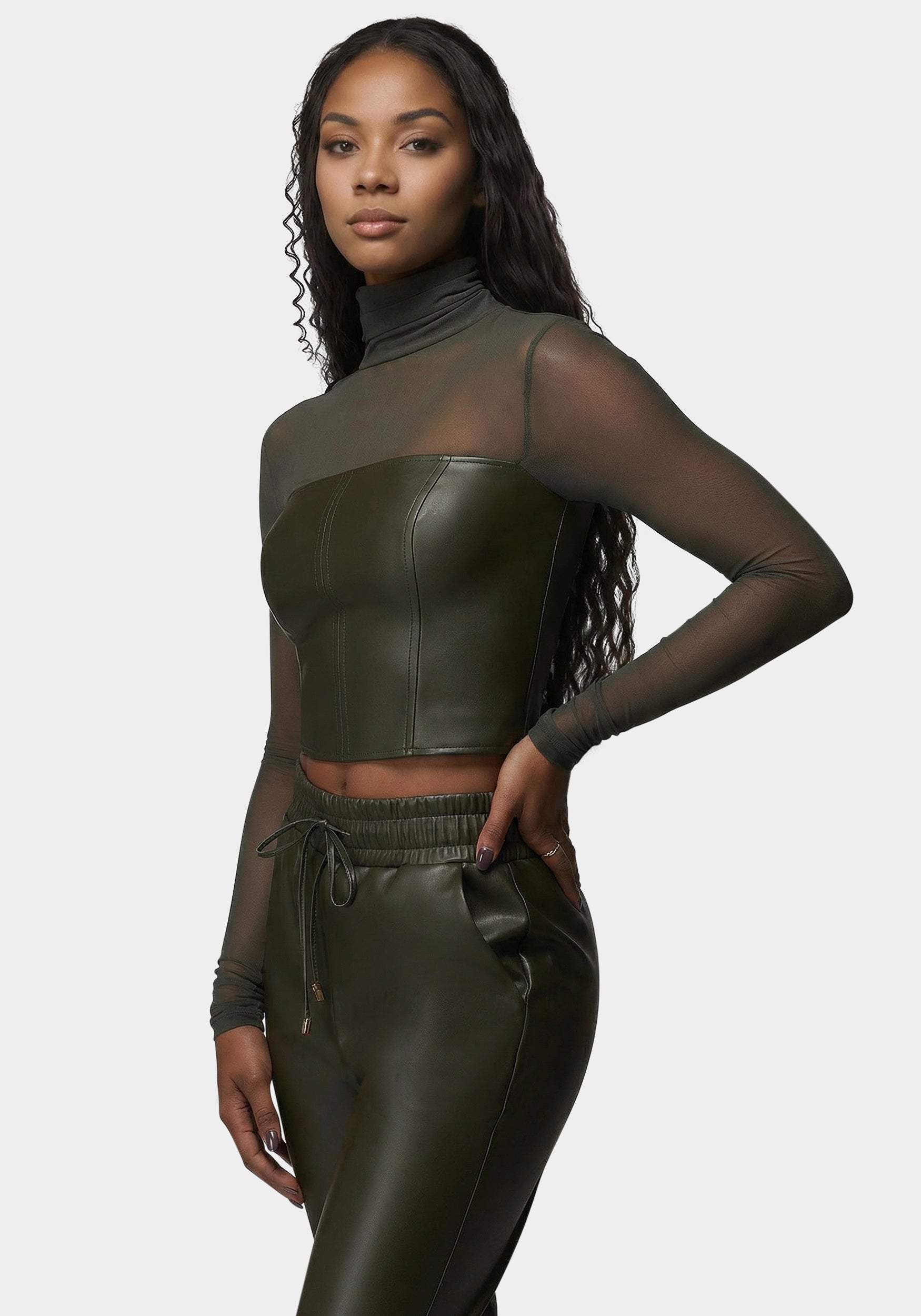 Mock Neck Mesh Combo Vegan Leather Top