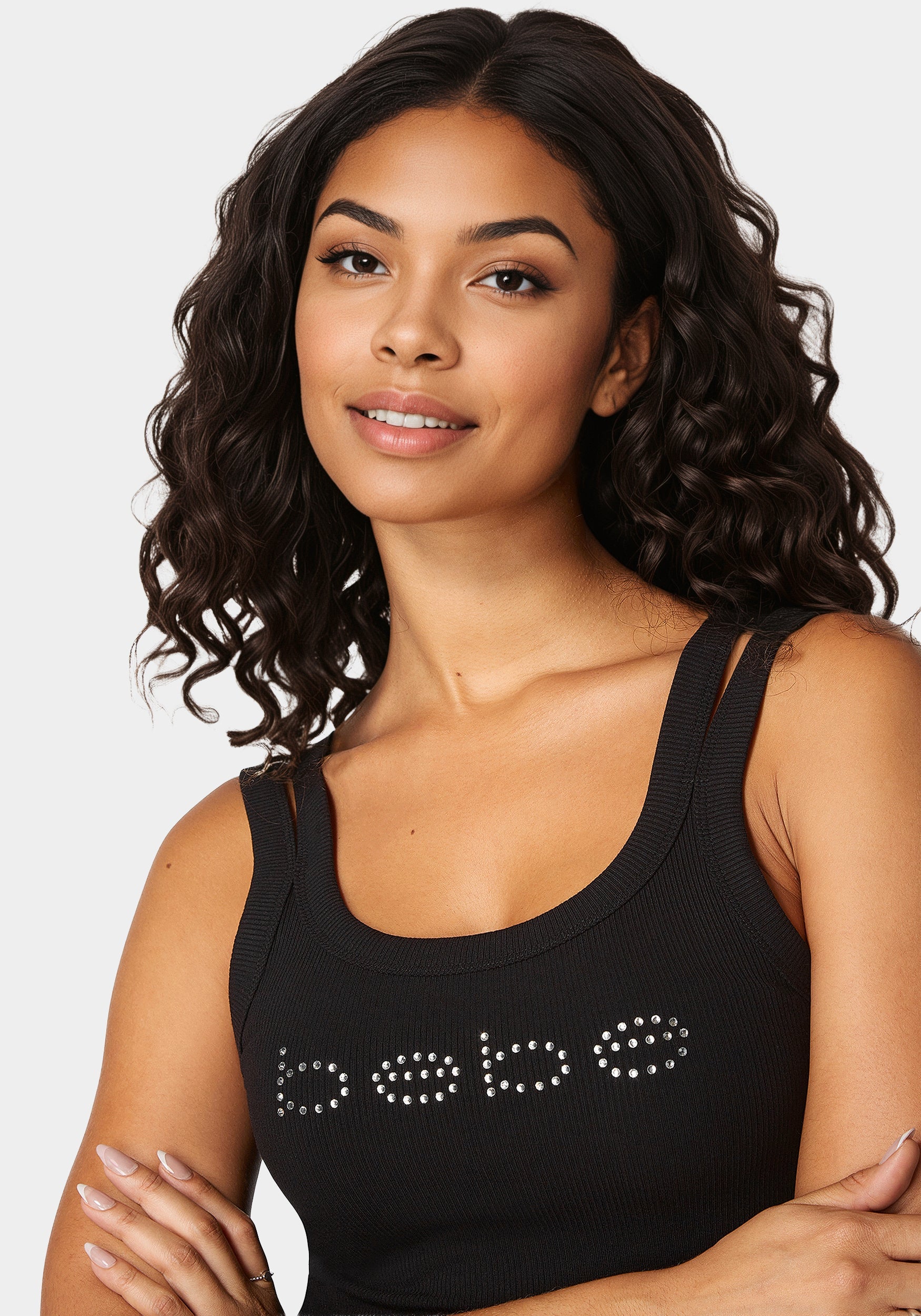 Bebe Logo Double Strap Single Stone Rib Top