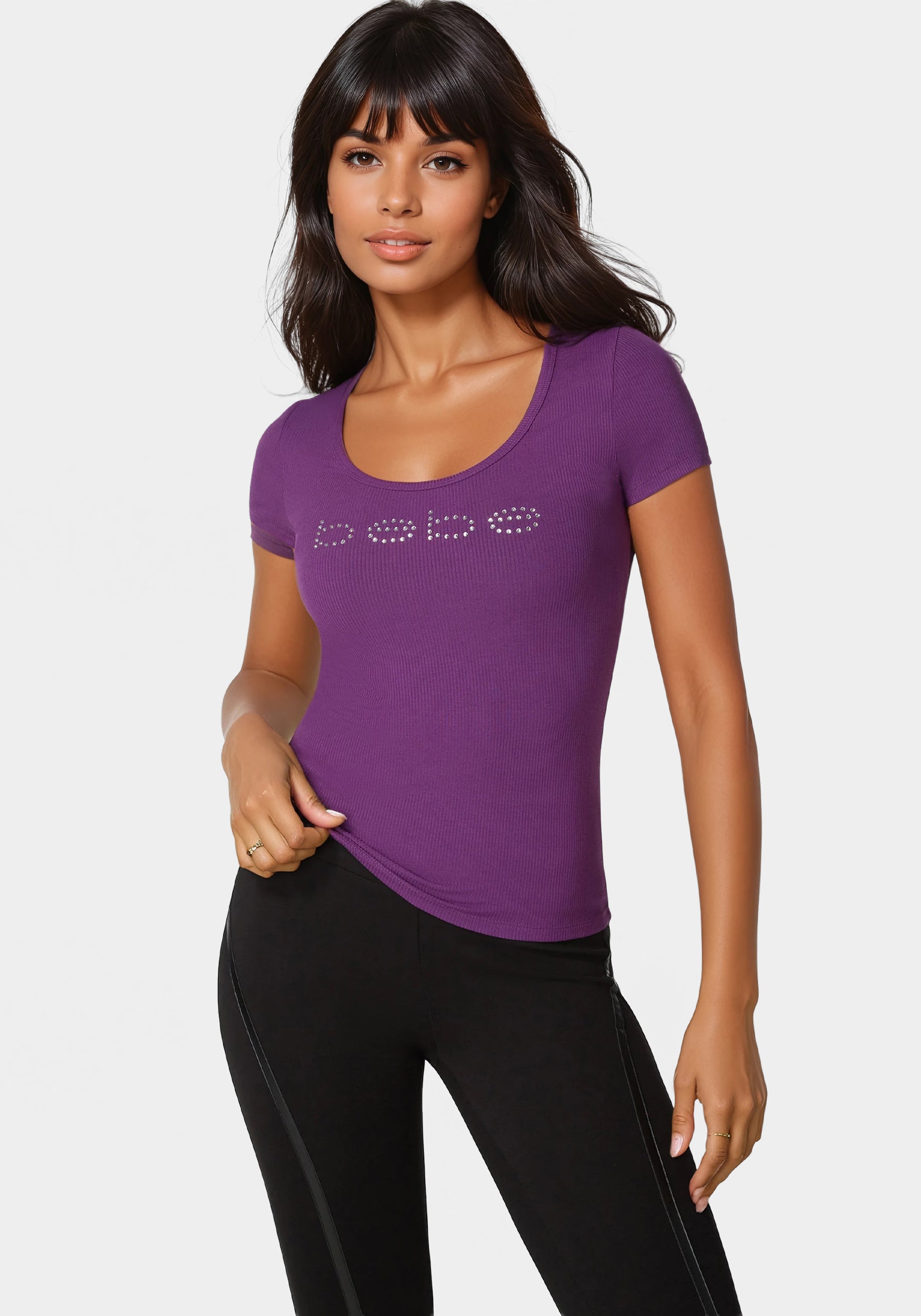 Bebe Logo Short Sleeve Scoop Neck Single Stone Rib Top