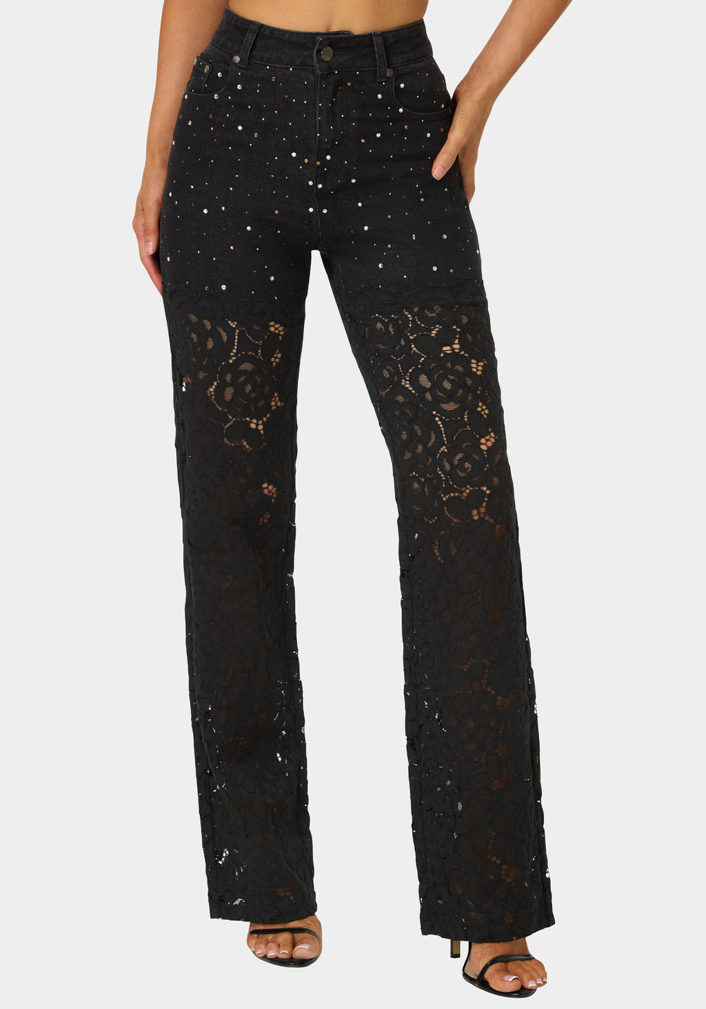 High Waist Embellished Lace Wide Leg Jeans