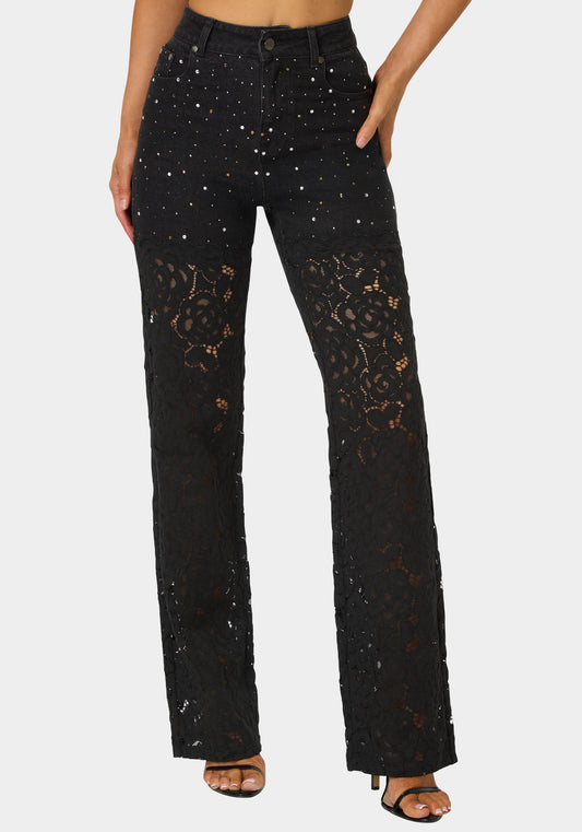 High Waist Embellished Lace Wide Leg Jeans