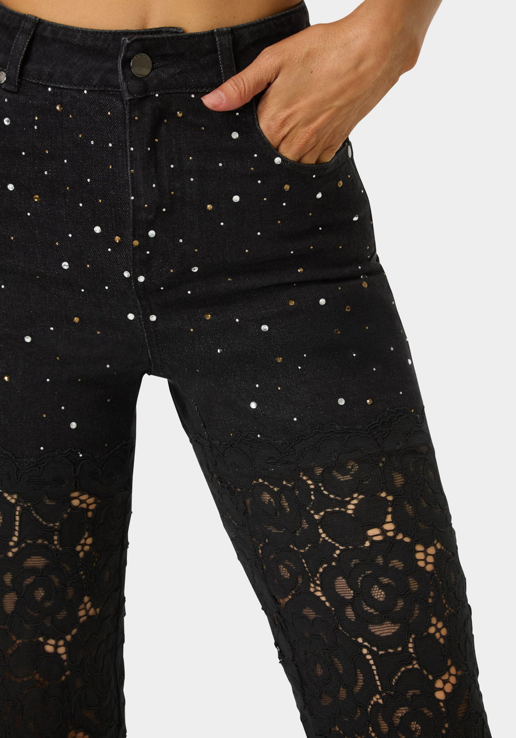 High Waist Embellished Lace Wide Leg Jeans