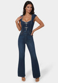 Embellished Neckline Flared Leg Denim Jumpsuit