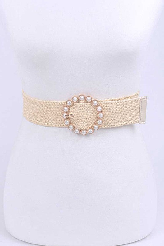 Joss Large Weaved Faux Pearl Belt Beige