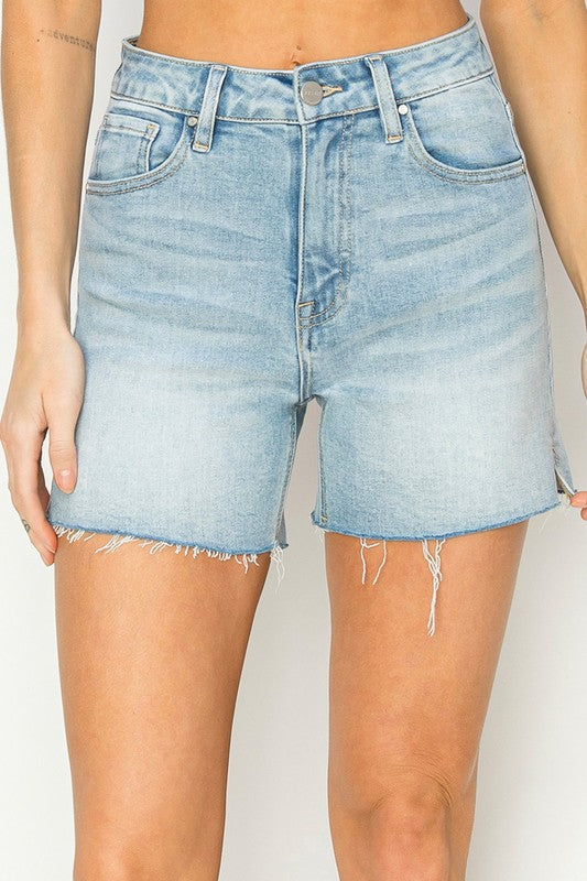 Teresa High Rise Raw Hem Denim Shorts Light Wash