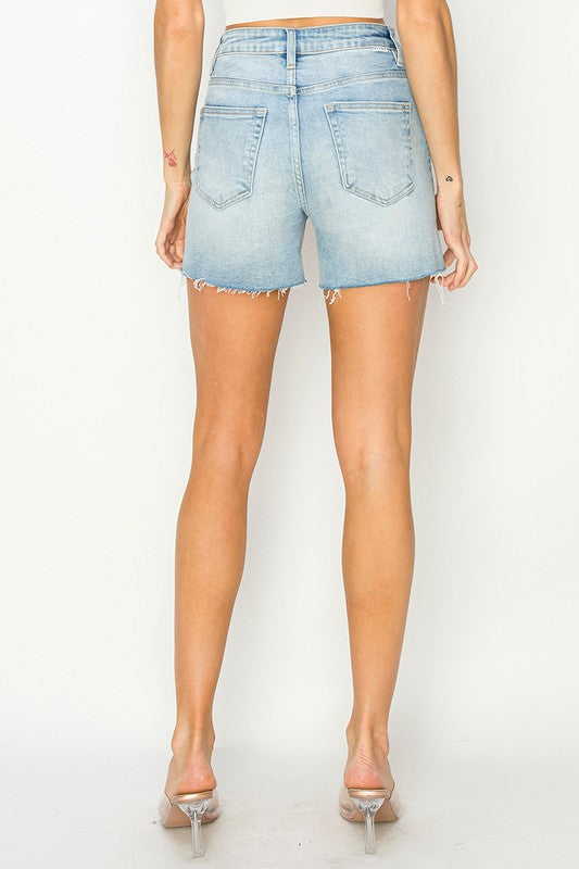 Teresa High Rise Raw Hem Denim Shorts Light Wash