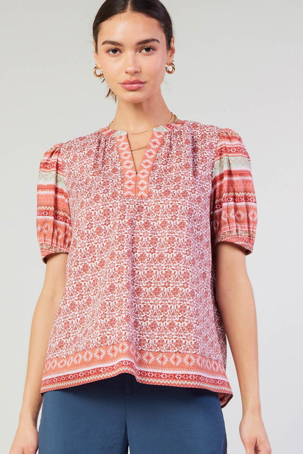 Natalie Short Sleeve Abstract Print Top Red