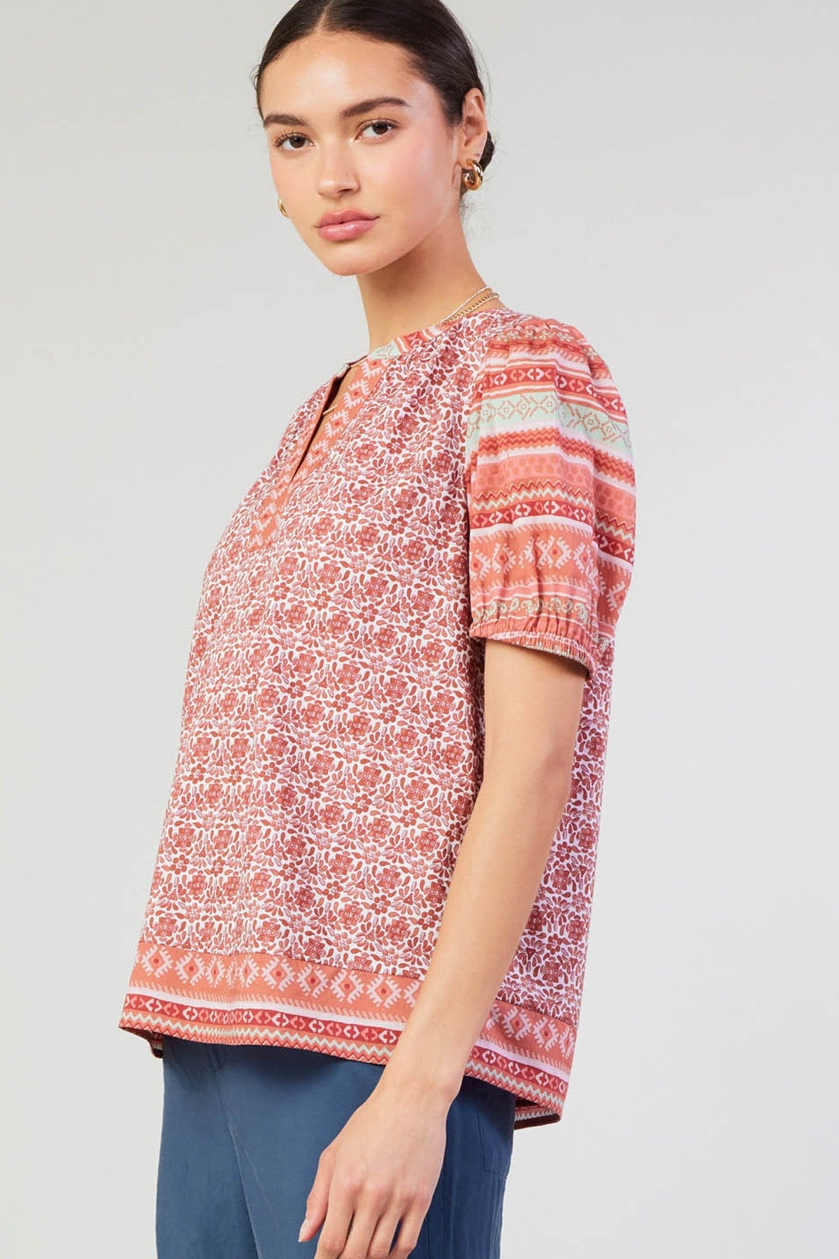 Natalie Short Sleeve Abstract Print Top Red