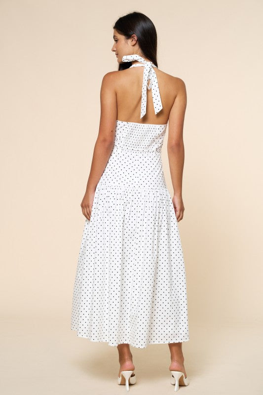 Rebel Sleeveless Halter Polka Dot Print Maxi Dress White