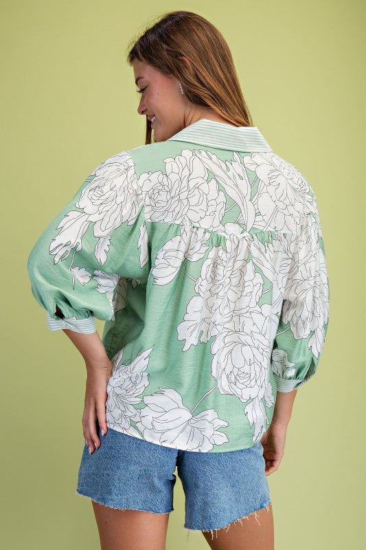Dorothy 3/4 Sleeve Button Down Floral Print Top Sage