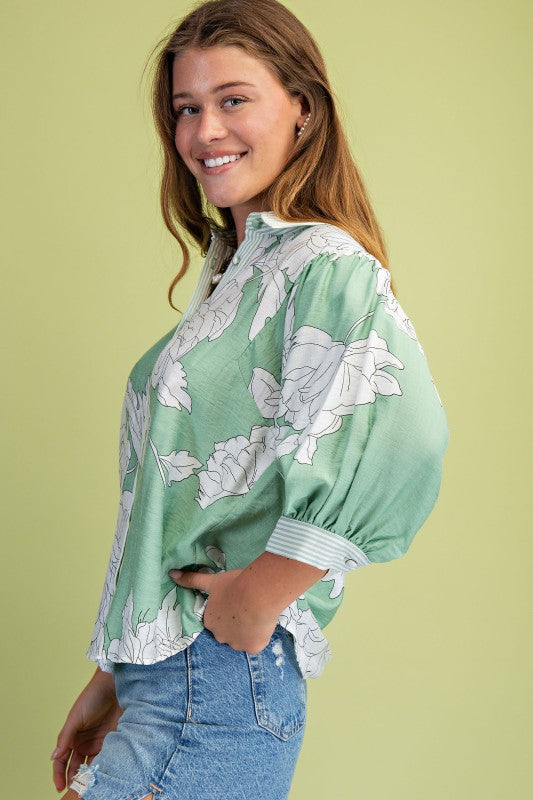 Dorothy 3/4 Sleeve Button Down Floral Print Top Sage