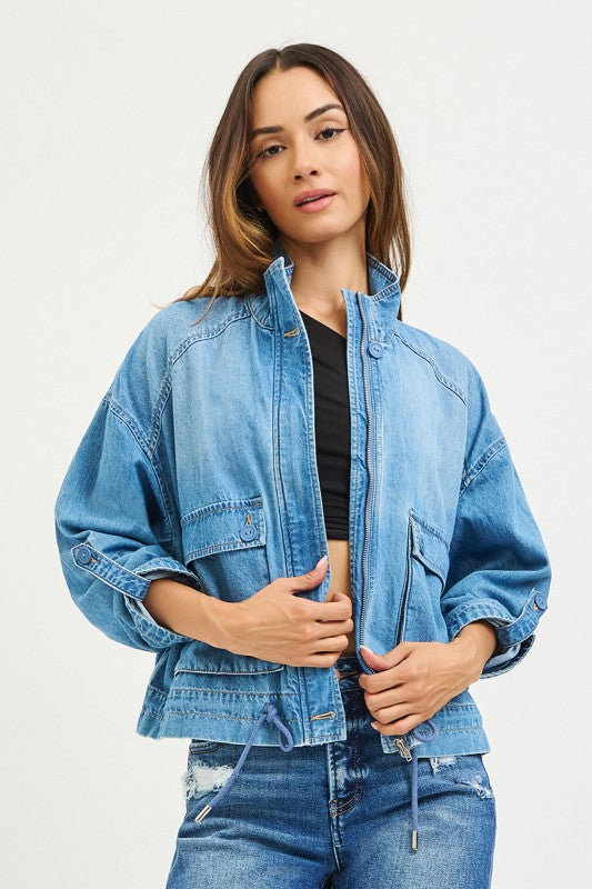 Sydney Long Sleeve Oversized Cargo Denim Jacket Medium Wash