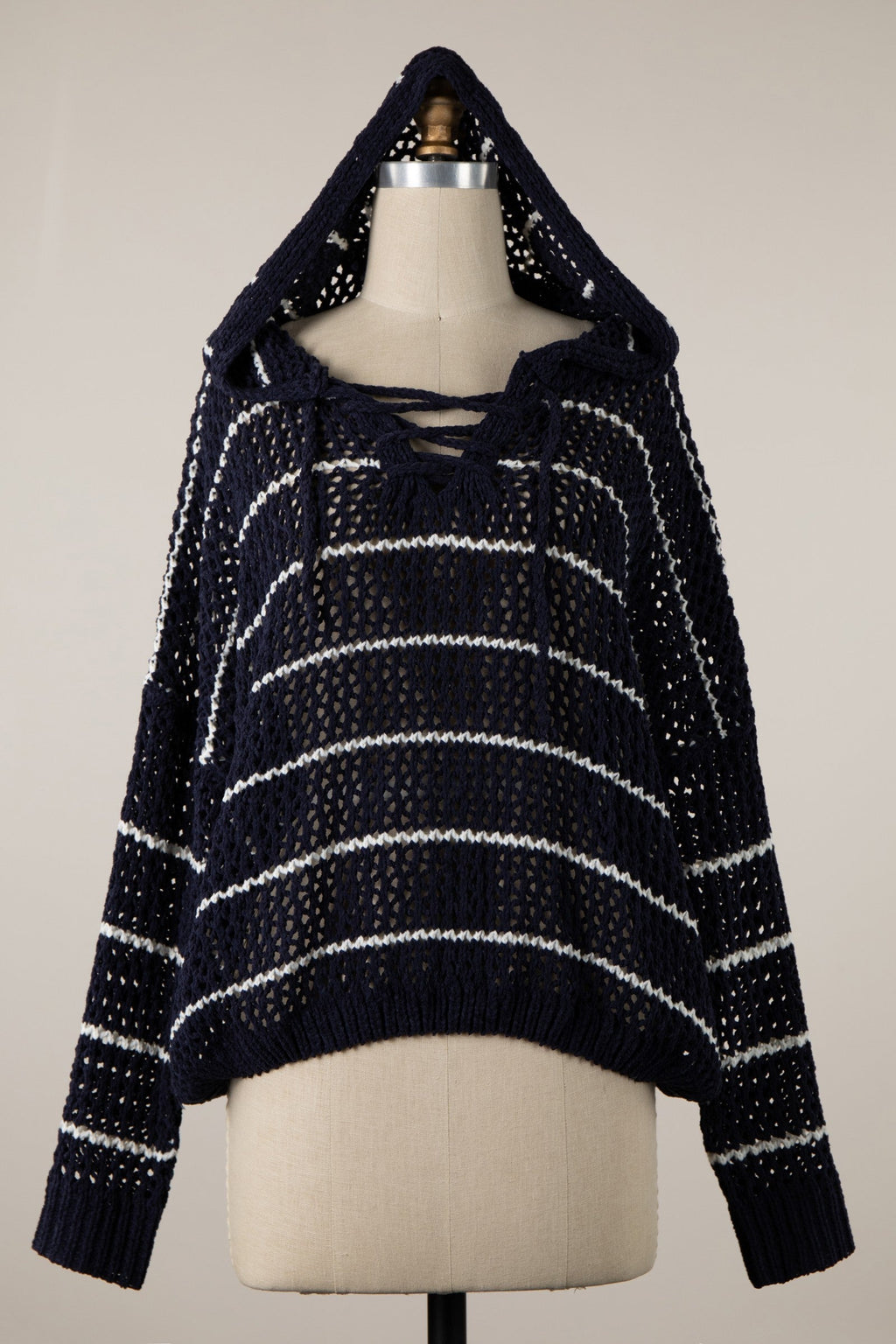 Bailey Long Sleeve Open Cable Knit Hoodie Sweater Navy