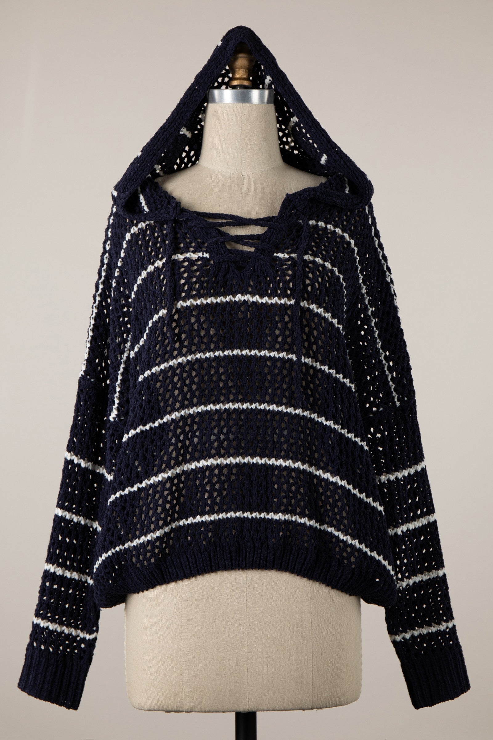 Bailey Long Sleeve Open Cable Knit Hoodie Sweater Navy