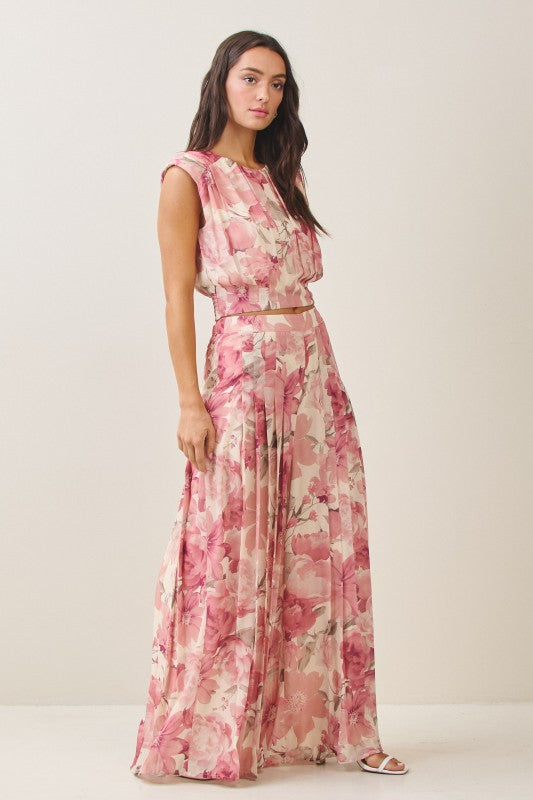Marlo Sleeveless Floral Print Pleated Top Pink