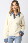 Waitlist 8/20 • Addy Long Sleeve Contrast Denim Knit Top Ivory