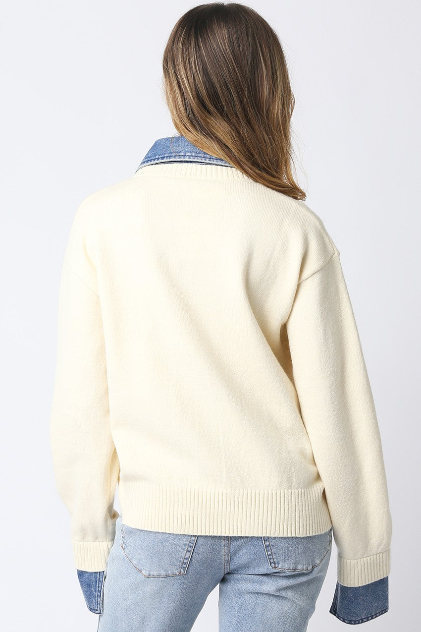 Waitlist 8/20 • Addy Long Sleeve Contrast Denim Knit Top Ivory