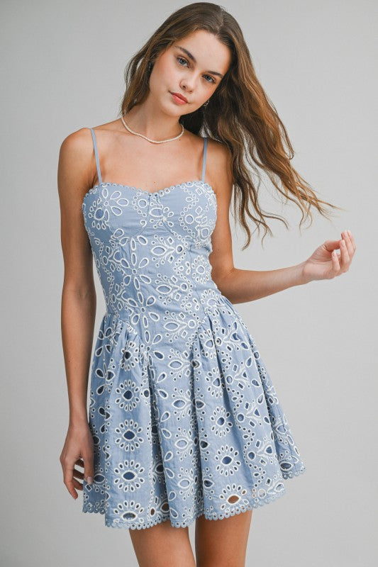 Alicia Sleeveless Embroidered Eyelet Mini Dress Blue