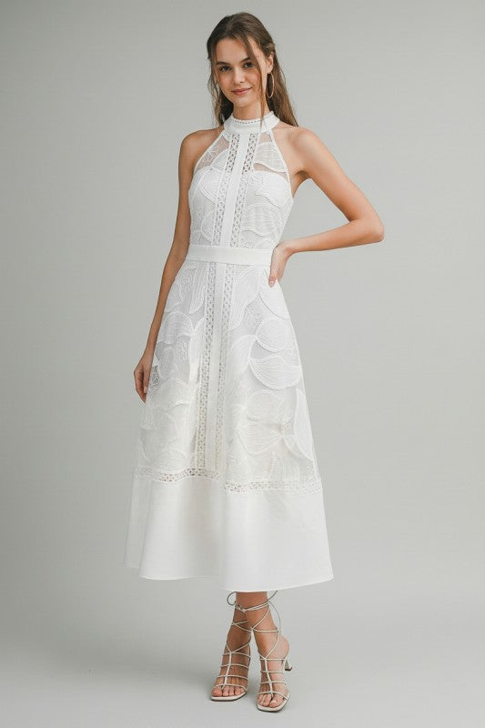 Billie Sleeveless Halter Floral Eyelet Lace Midi Dress White