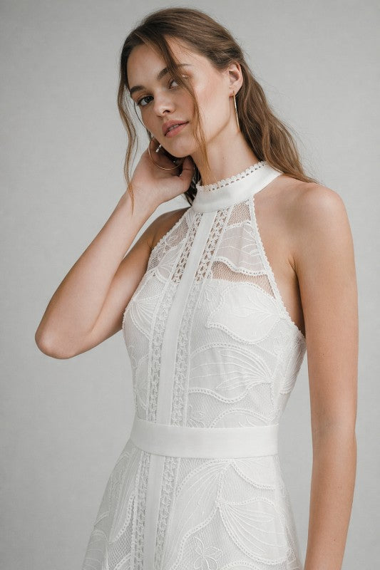 Billie Sleeveless Halter Floral Eyelet Lace Midi Dress White