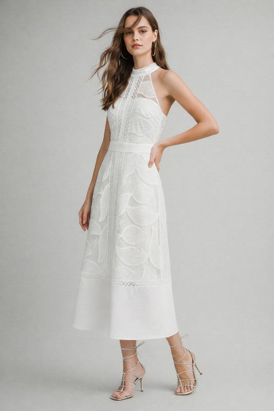 Billie Sleeveless Halter Floral Eyelet Lace Midi Dress White