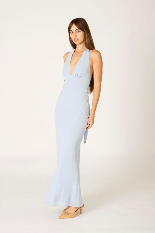 Penelope Sleeveless Halter Open Back Maxi Dress Blue