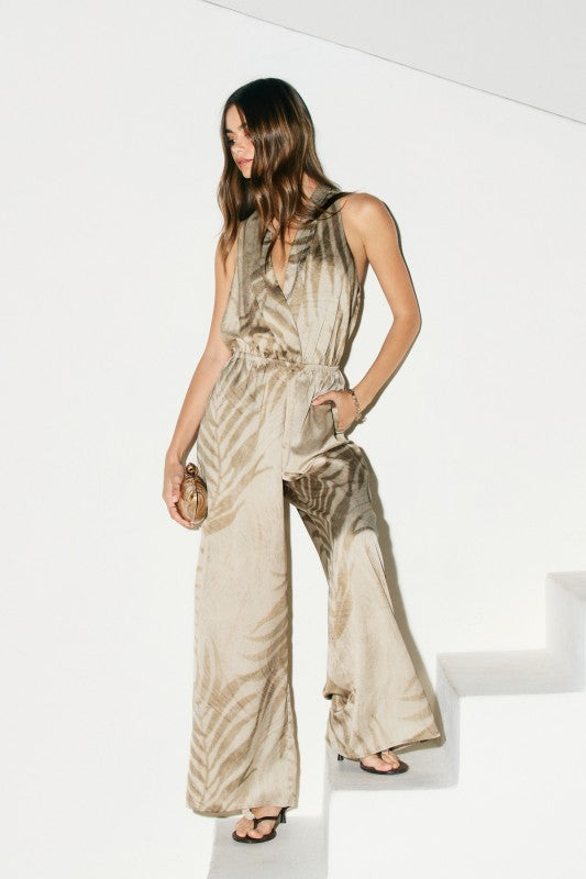 Sylvie Sleeveless Halter Tropical Print Wide Leg Jumpsuit Khaki