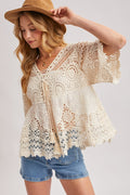 Waitlist 7/23 • Davina 3/4 Sleeve Front Tie Sheer Crochet Lace Top Natural
