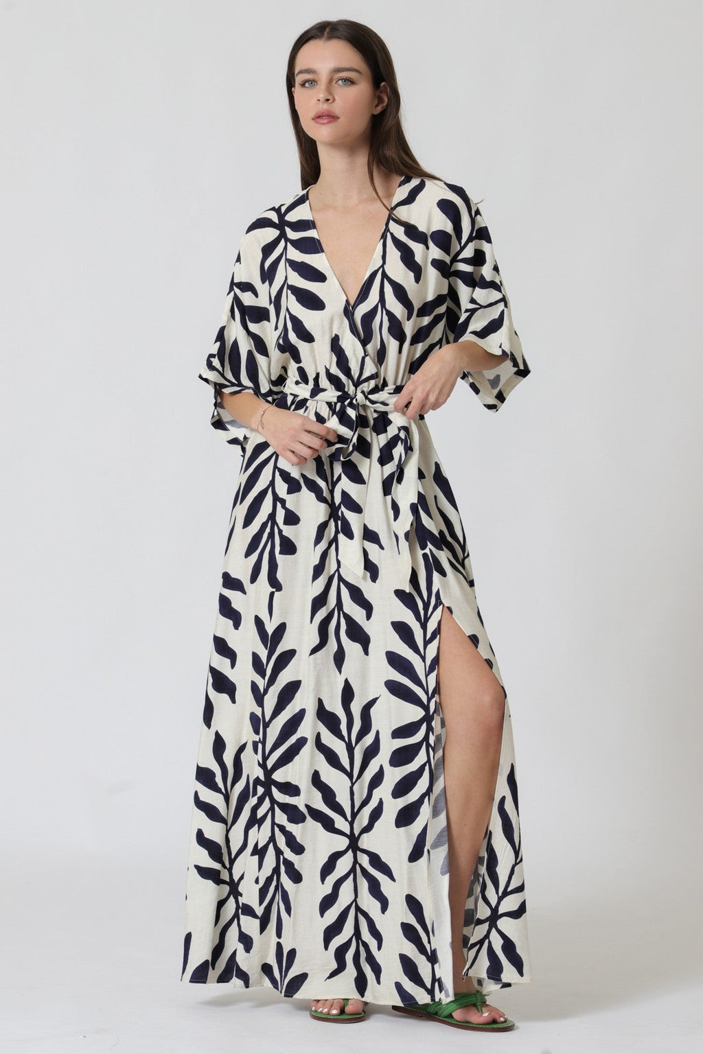 Maryann Short Kimono Sleeve Palm Print Maxi Dress Navy