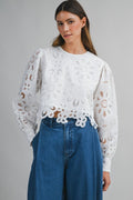 Joey Long Sleeve Eyelet Floral Lace Crop Top White