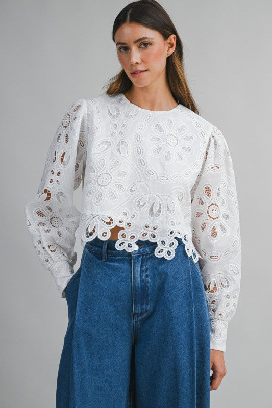 Joey Long Sleeve Eyelet Floral Lace Crop Top White