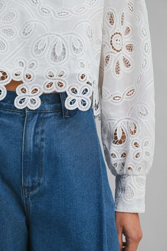 Joey Long Sleeve Eyelet Floral Lace Crop Top White