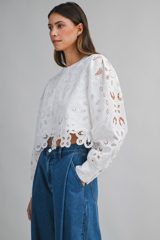 Joey Long Sleeve Eyelet Floral Lace Crop Top White