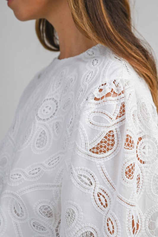 Joey Long Sleeve Eyelet Floral Lace Crop Top White