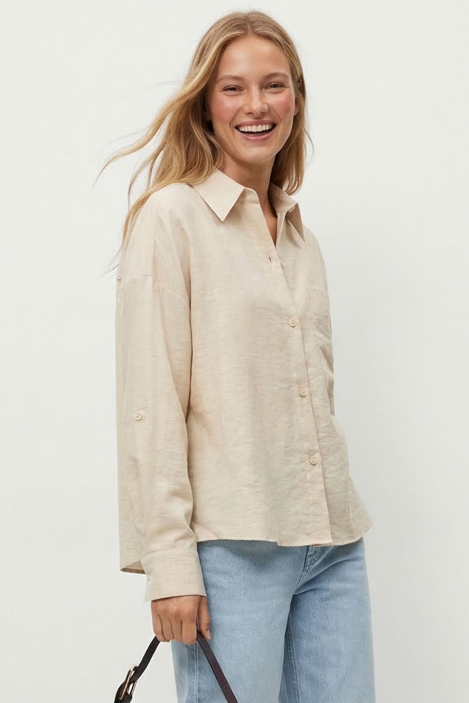 Esther Long Sleeve Button Down Linen Top Natural